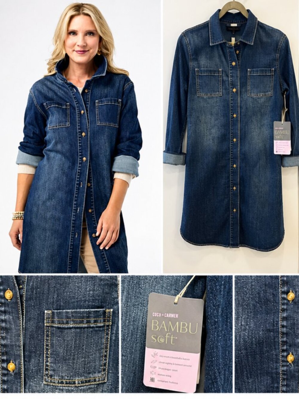 NWT Coco + Carmen Bambu Soft Denim Shirt Dress | Button Front Collared Tunic | S